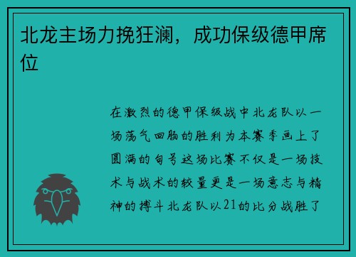 北龙主场力挽狂澜，成功保级德甲席位